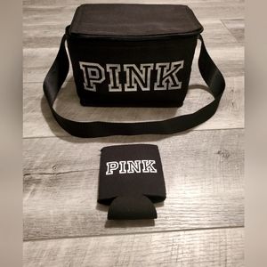 PINK Victoria's Secret Lunch Cooler with Koozie, Black with Iridescent Letters
